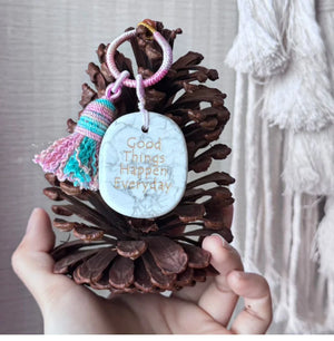 White Pine Stone Woven Car and Bag Hanger - Good Things Happen Every Day