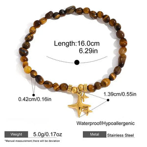Vintage Tiger Eye Four-Point Star Beaded Bracelet in 18K Gold Stainless Steel becky's charms