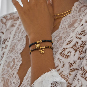 Vintage Tiger Eye Four-Point Star Beaded Bracelet in 18K Gold Stainless Steel becky's charms