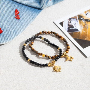 Vintage Tiger Eye Four-Point Star Beaded Bracelet in 18K Gold Stainless Steel becky's charms