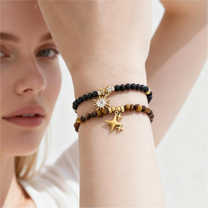 Vintage Tiger Eye Four-Point Star Beaded Bracelet in 18K Gold Stainless Steel becky's charms