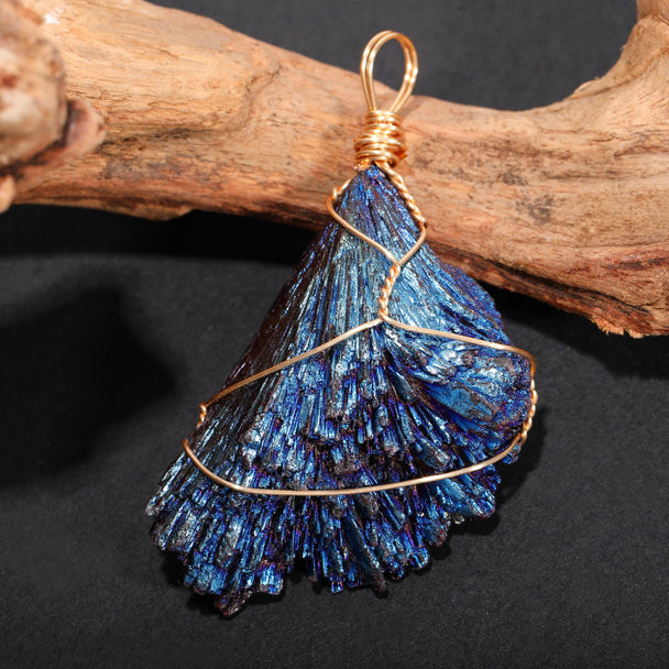 Blue iridescent crystal pendant with gold wire wrap, healing stone for spiritual growth and protection
