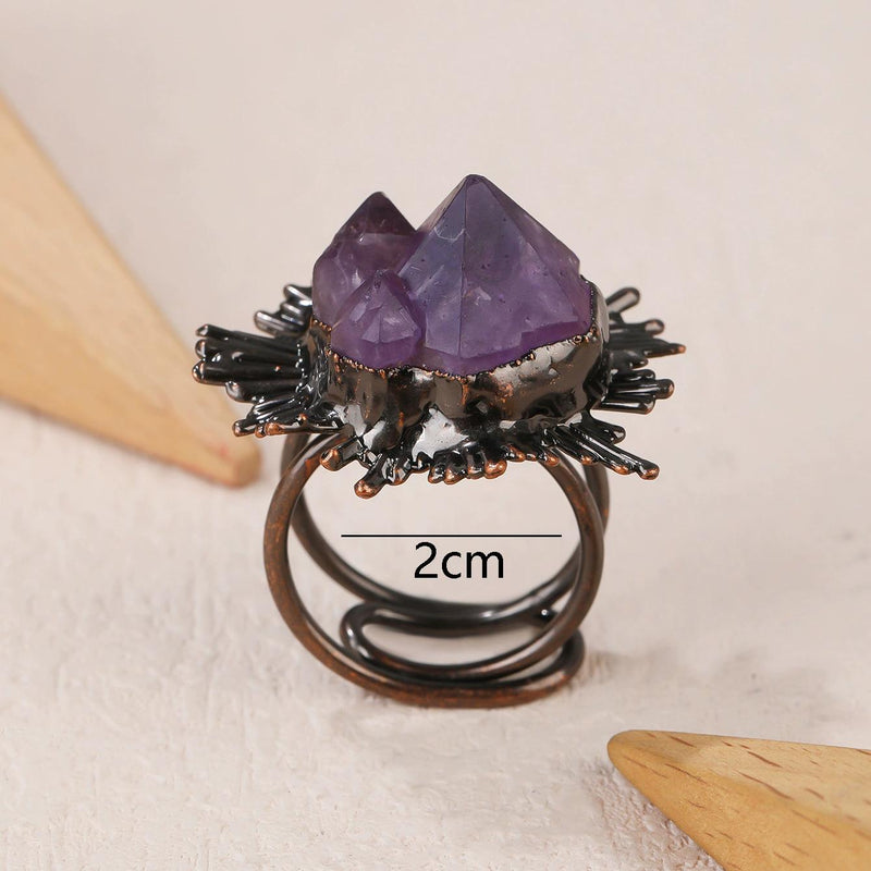 Amethyst crystal ring with raw gemstone and black wire wrap, 2cm wide, handmade healing jewelry