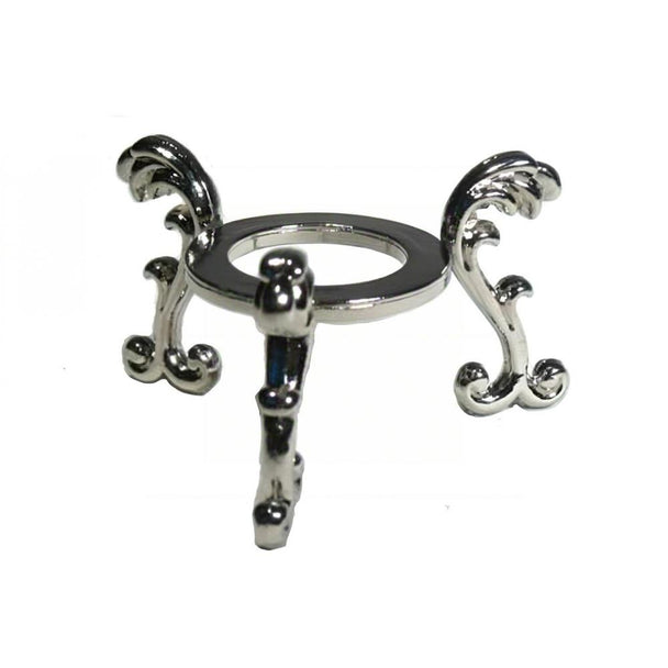 Elegant silver crystal stand with ornate scroll legs for displaying healing stones or jewelry
