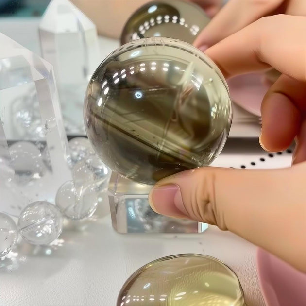 Hand holding smoky quartz crystal sphere for spiritual healing and protection, with clear quartz points nearby.