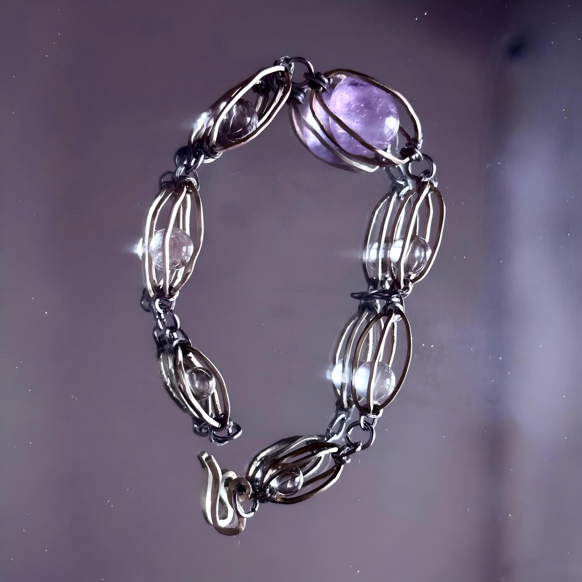 Handmade amethyst and clear crystal bracelet with wire-wrapped links for spiritual healing and chakra balance