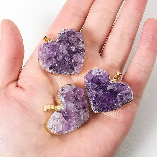 Heart-shaped amethyst druzy pendants for healing crystals and spiritual jewelry