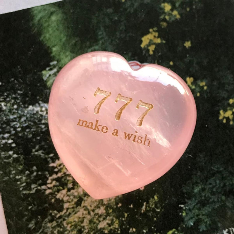 Pink heart-shaped crystal with 777 make a wish engraving, spiritual healing stone for manifestation and love