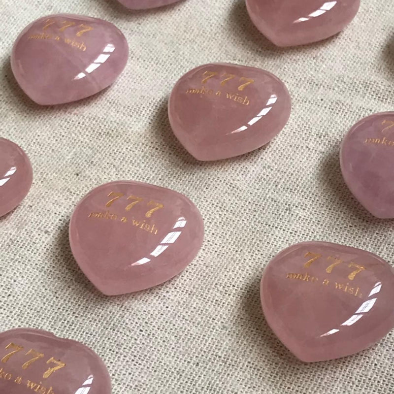 Pink rose quartz hearts engraved with 777 make a wish, healing crystals for love and spiritual growth
