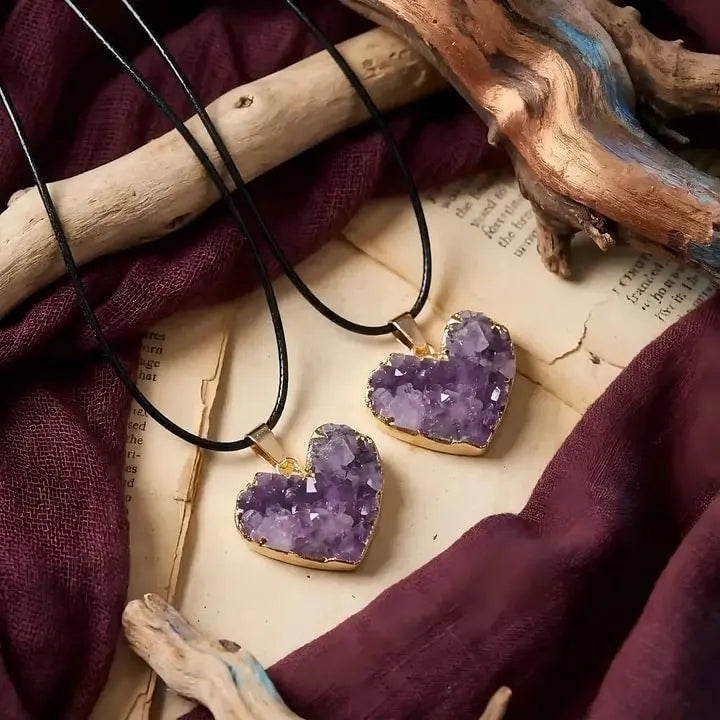 Heart-shaped amethyst druzy pendants on black cord, healing crystal jewelry for love and protection