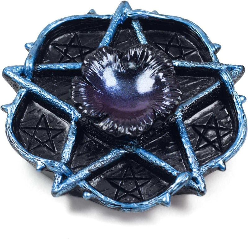 Black and blue pentacle crystal holder with flower centerpiece for spiritual altar or chakra healing