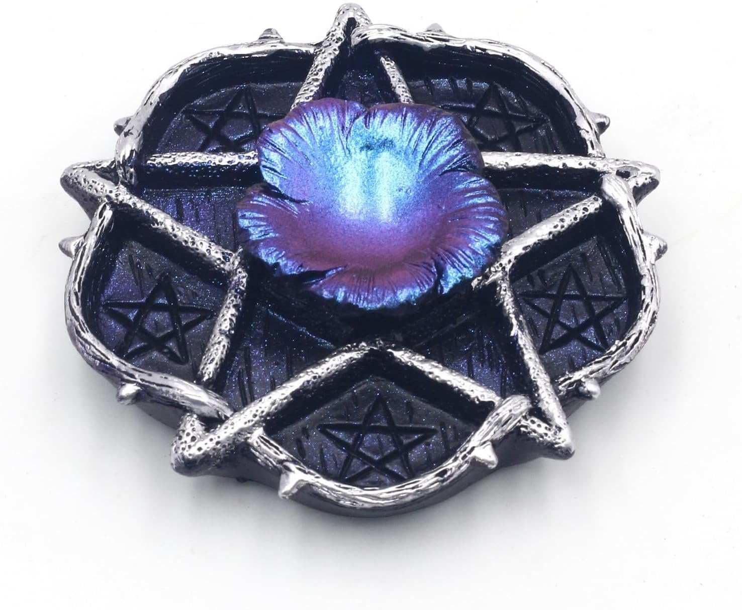 Purple iridescent flower on pentacle altar tray for spiritual healing and protection crystals