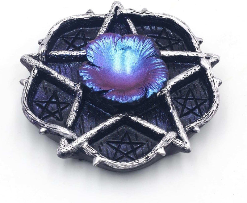 Purple iridescent flower on pentacle altar tray for spiritual healing and protection crystals