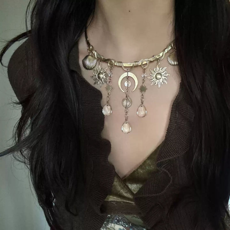Boho sun moon shell necklace with crystal charms, handmade gemstone jewelry for spiritual energy and protection