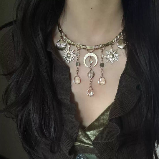 Boho sun moon shell necklace with crystal drops, spiritual jewelry for protection and healing energy