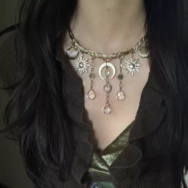 Boho sun moon shell necklace with crystal drops, spiritual jewelry for protection and healing energy