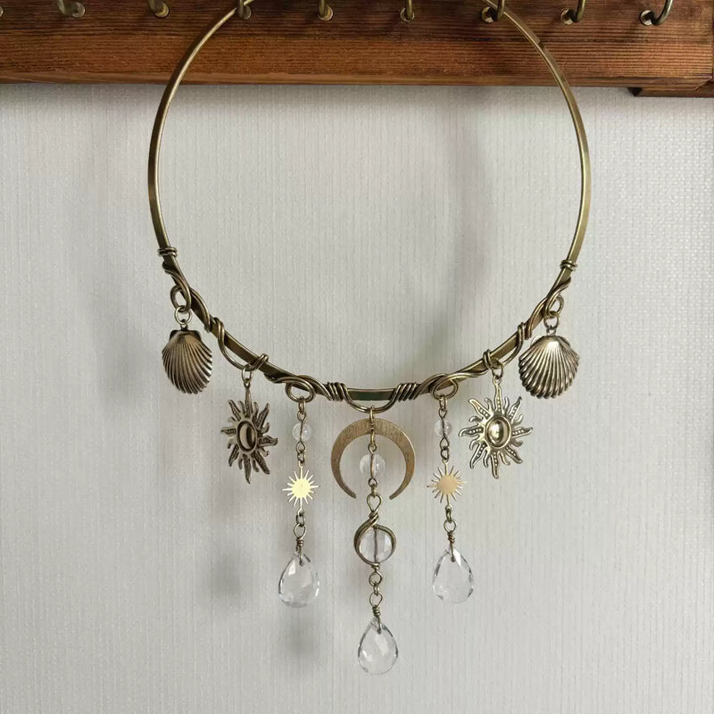 Boho sun moon shell necklace with crystal drops, handmade spiritual jewelry for protection and energy healing