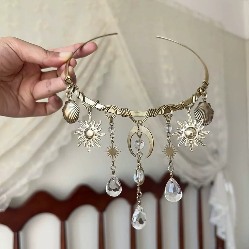Boho sun moon crystal headpiece with shell charms, handmade spiritual jewelry for protection and healing