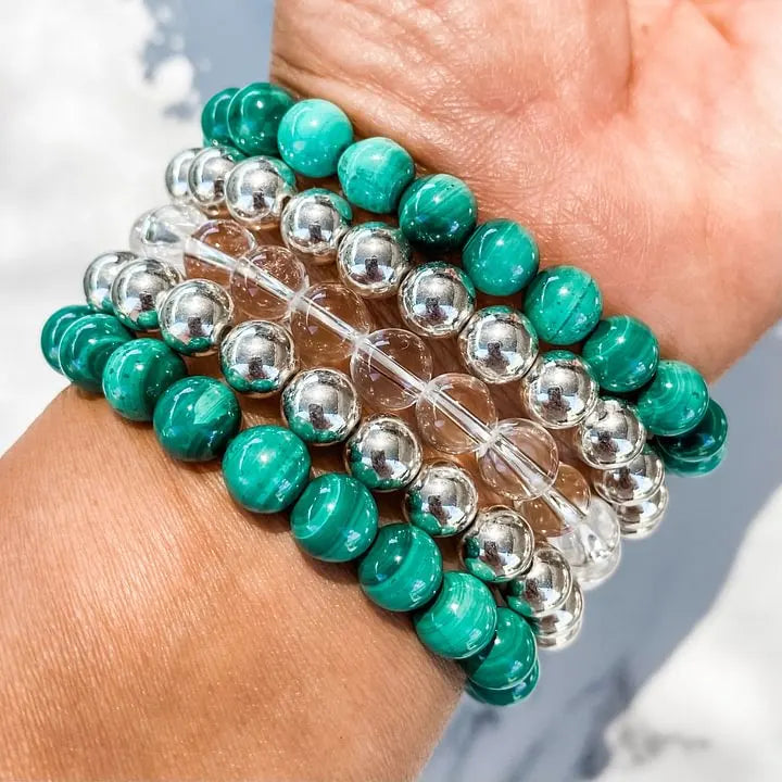 Malachite, clear quartz, and silver bead bracelets for healing, protection, and spiritual growth