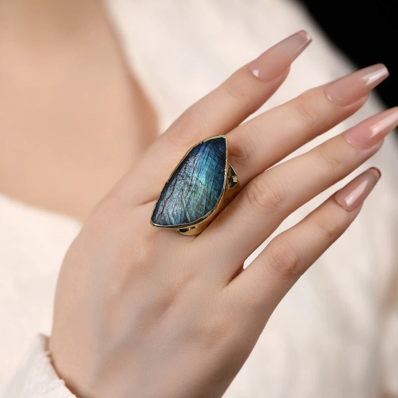 Labradorite gemstone ring with gold setting, healing crystal jewelry for spiritual growth and protection