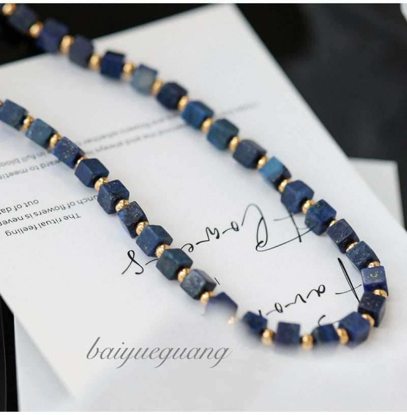 Lapis lazuli cube bead necklace with gold spacers, handmade gemstone jewelry for spiritual healing and chakra balance
