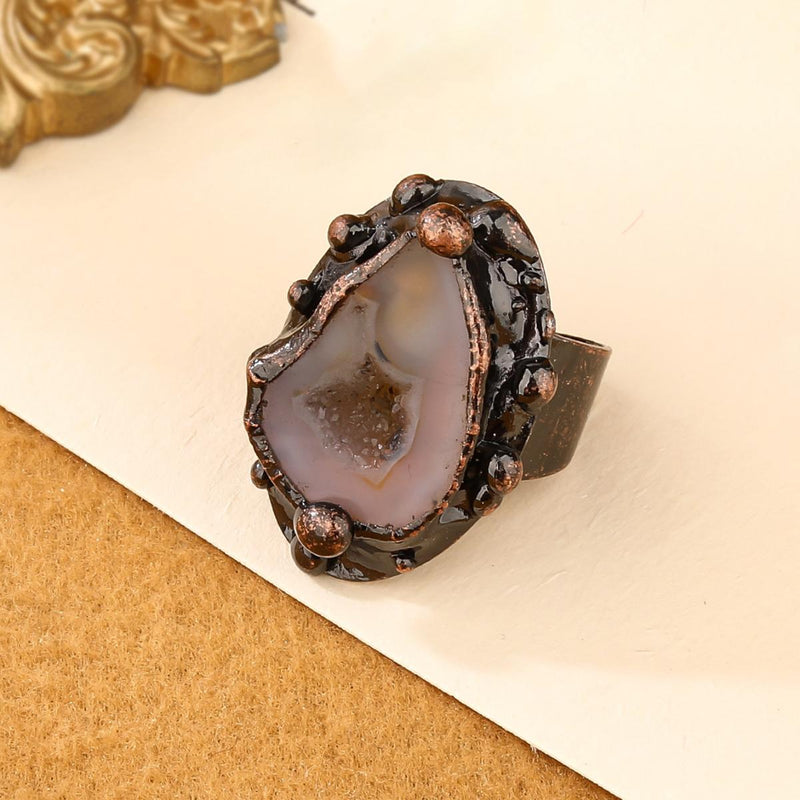 Handmade agate slice ring with copper beads, healing crystal jewelry for spiritual growth and protection