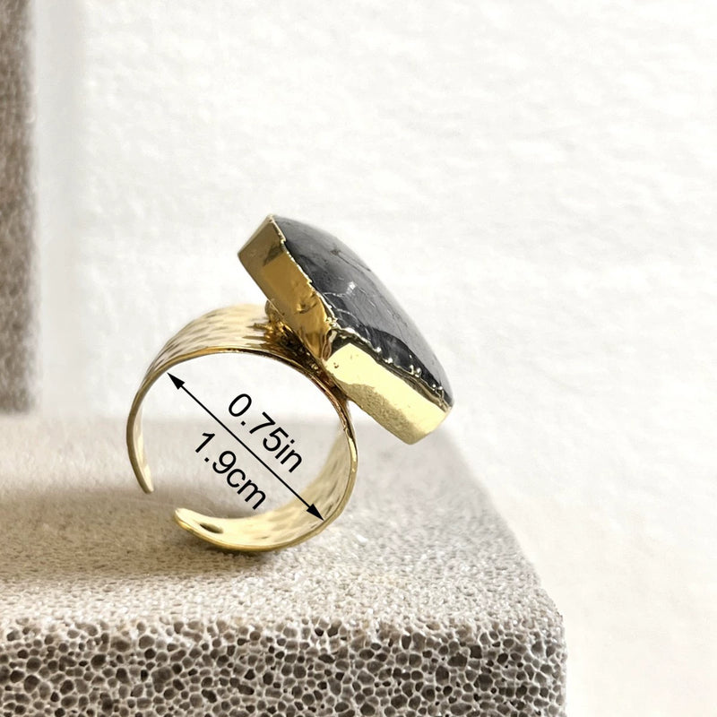 Gold ring with black crystal stone, handmade gemstone jewelry for spiritual healing and protection