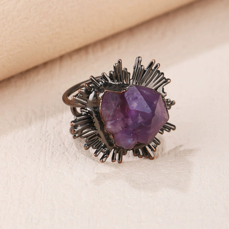 Amethyst crystal ring with spiky black setting, handmade gemstone jewelry for spiritual healing and protection