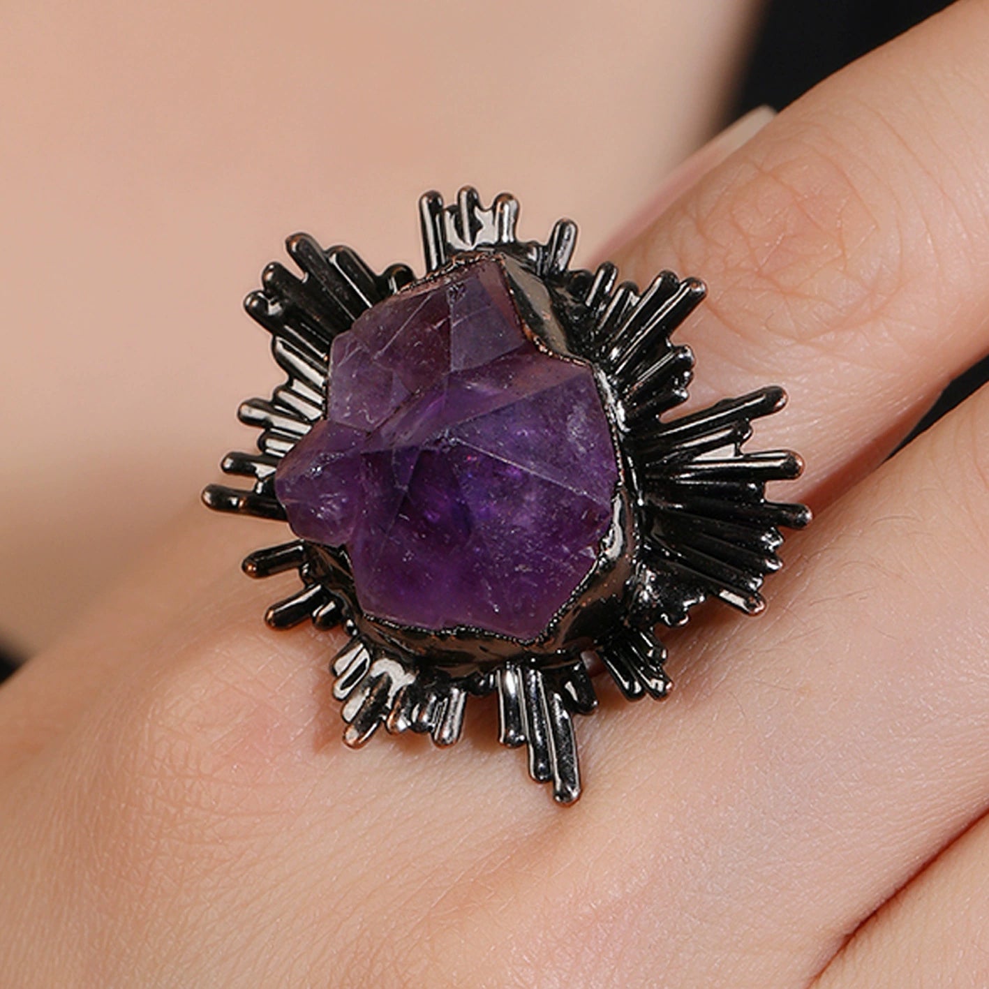 Amethyst crystal ring with black sunburst setting, handmade gemstone jewelry for spiritual healing