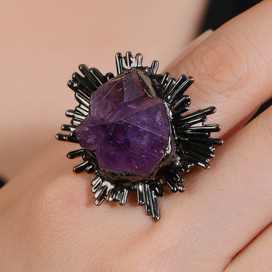 Amethyst crystal ring with black sunburst setting, handmade gemstone jewelry for spiritual healing