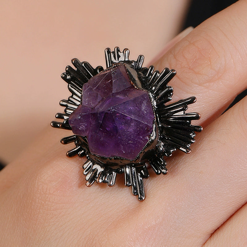 Amethyst crystal ring with black sunburst setting, handmade gemstone jewelry for spiritual healing