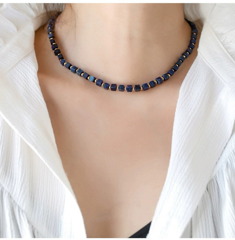 Lapis lazuli cube necklace for spiritual healing and protection, handmade gemstone jewelry