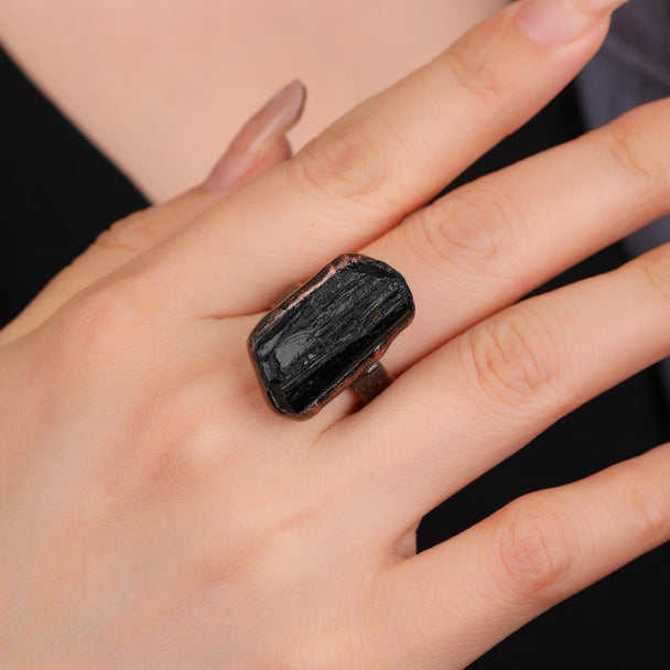 Black tourmaline ring for protection and grounding, handmade gemstone jewelry