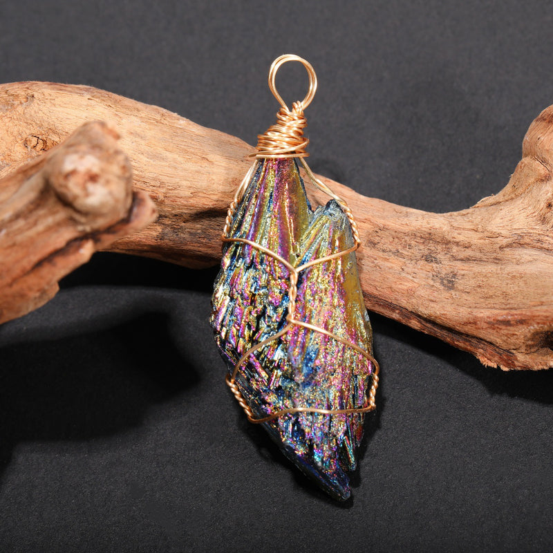 Iridescent crystal pendant with copper wire wrapping, healing stone for spiritual growth and protection