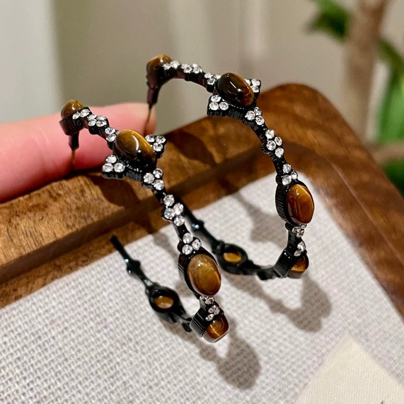 Tiger eye crystal hair clips with rhinestones, handmade gemstone accessories for spiritual style