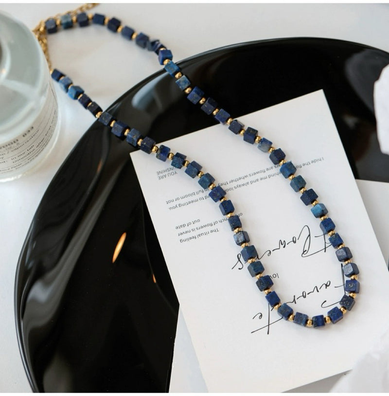 Lapis lazuli cube necklace with gold beads, healing crystal jewelry for spiritual growth and protection