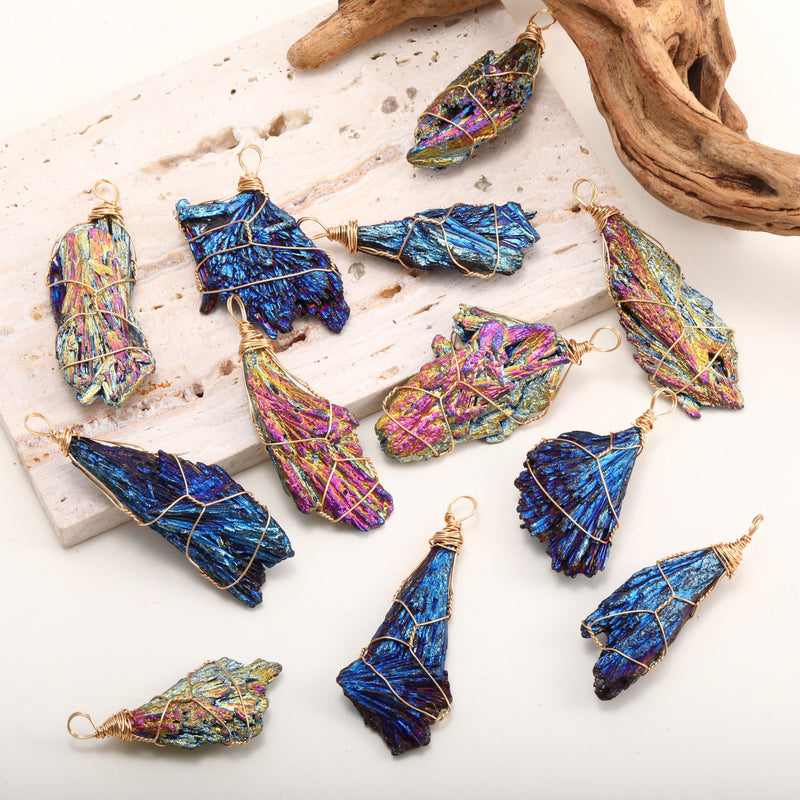 Iridescent crystal pendants with wire wrapping, ideal for healing, chakra balance, and spiritual jewelry