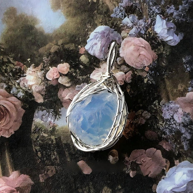 Handmade opal pendant in silver wire wrap, healing crystal jewelry for spiritual growth and protection