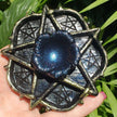 Pentacle altar dish with iridescent blue center, ideal for crystals, spiritual rituals, and chakra healing.