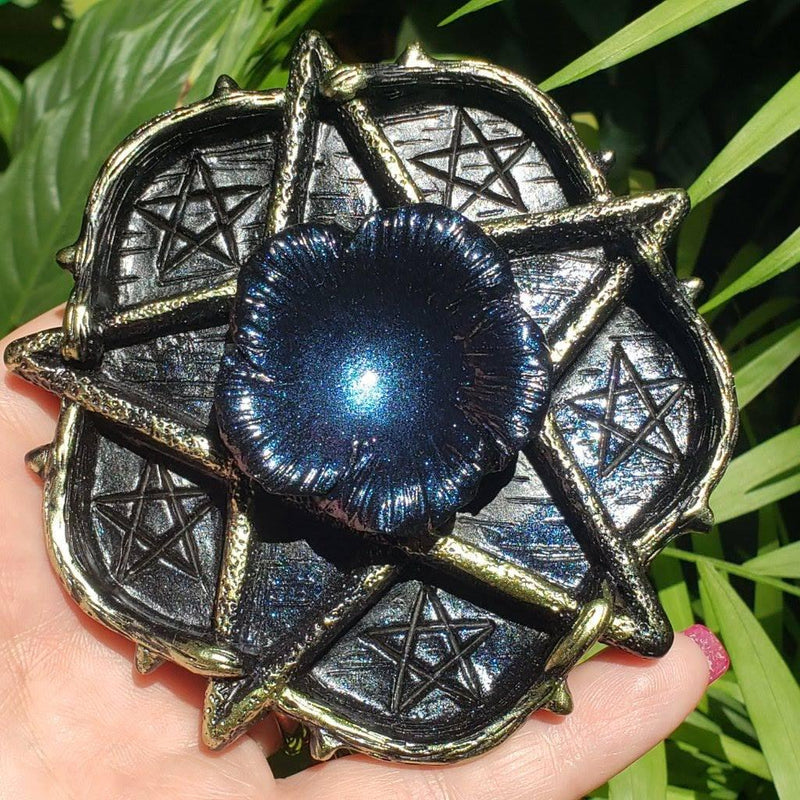 Pentacle altar dish with iridescent blue center, ideal for crystals, spiritual rituals, and chakra healing.