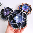 Pentacle crystal holder with iridescent flower center, ideal for healing stones and spiritual decor