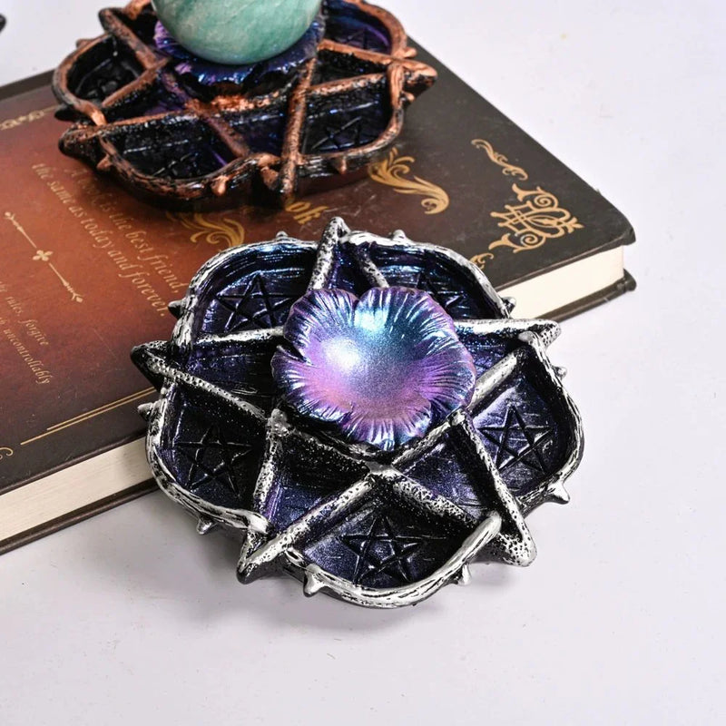Pentacle crystal holder with iridescent flower center, ideal for healing crystals and spiritual decor