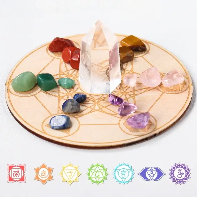 Natural Seven Star Crystal Ornament with Wooden Plate Set