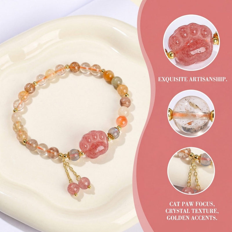 Handmade cat paw crystal bracelet with golden accents and healing gemstones for spiritual growth
