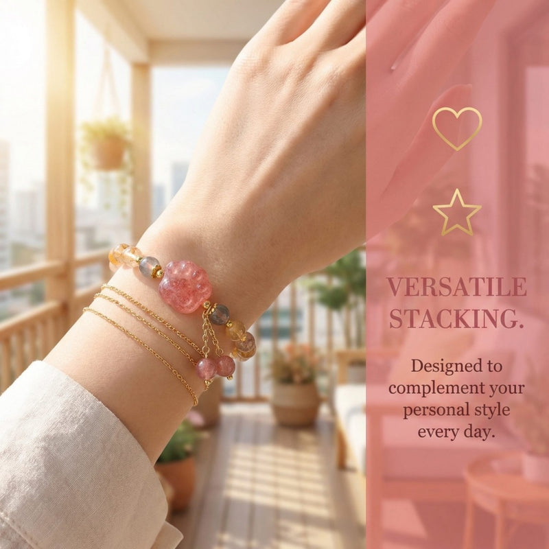 Stackable gemstone bracelets with pink crystal flower charm, gold chains, perfect for daily spiritual style