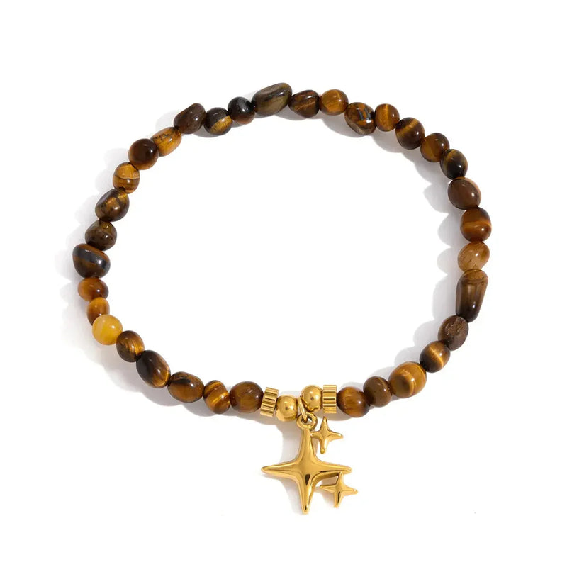 Vintage Tiger Eye Four-Point Star Beaded Bracelet in 18K Gold Stainless Steel becky's charms