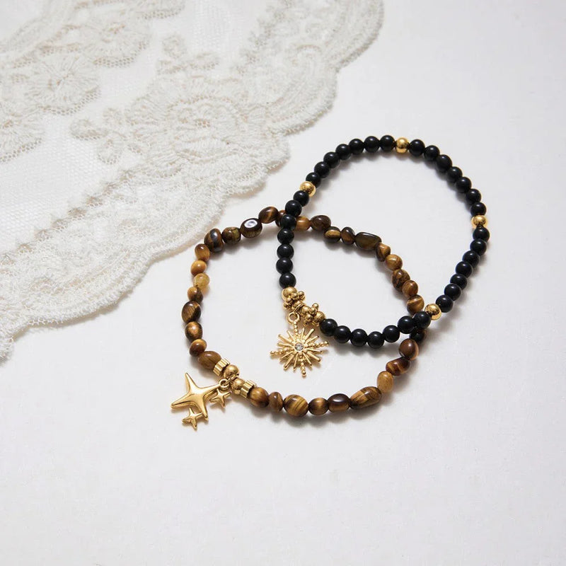 Vintage Tiger Eye Four-Point Star Beaded Bracelet in 18K Gold Stainless Steel becky's charms