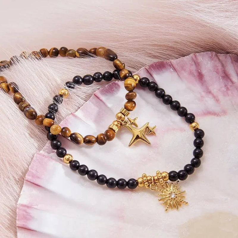 Vintage Tiger Eye Four-Point Star Beaded Bracelet in 18K Gold Stainless Steel becky's charms