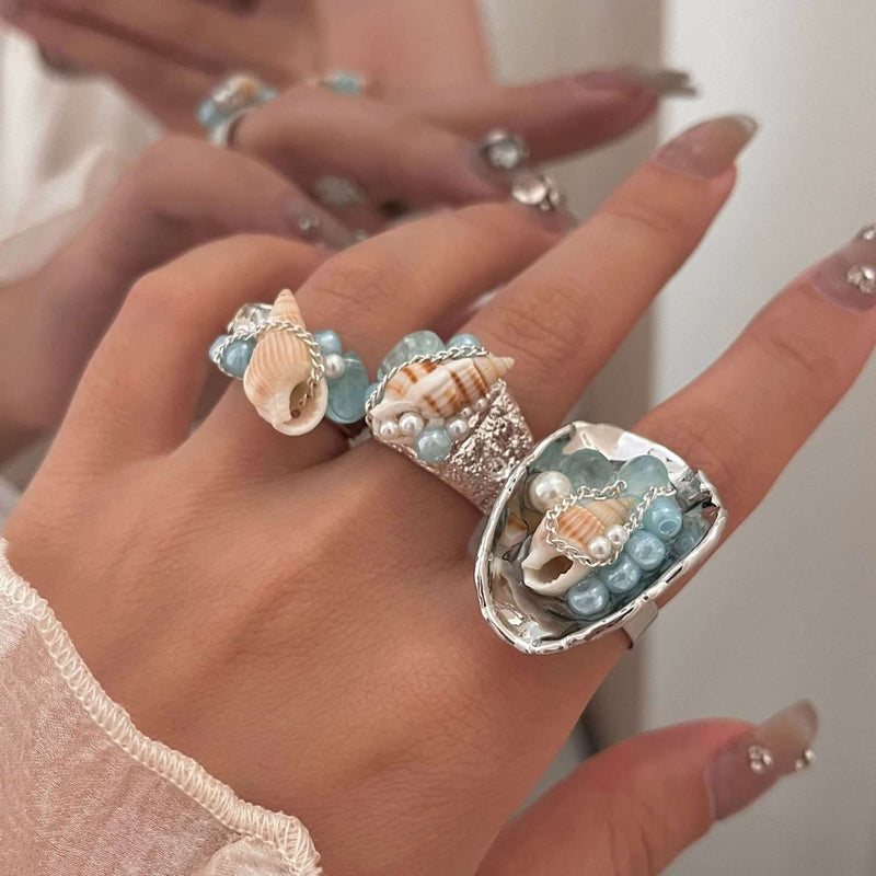 Handmade seashell and aquamarine gemstone rings with pearl accents, boho beach jewelry