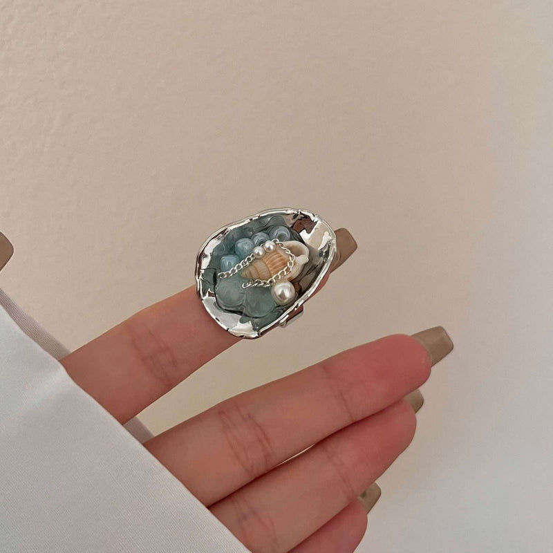 Silver ring with seashell, pearls, and blue beads, handmade gemstone jewelry for spiritual growth